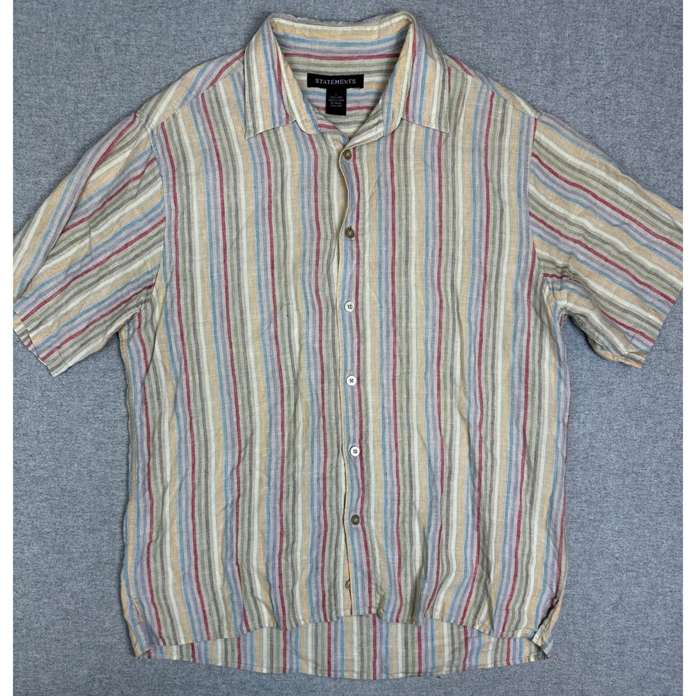 Vintage 90s 100% Linen Shirt Large Multi Color Striped Button Up Short Sleeve